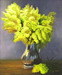 Mimosa au pot d'&eacute;tain, huile sur toile 38 cm x 46 cm